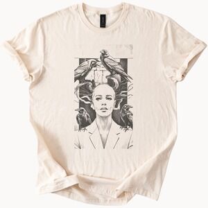 Dark Surreal Graphic Tee with Birds and Face Art